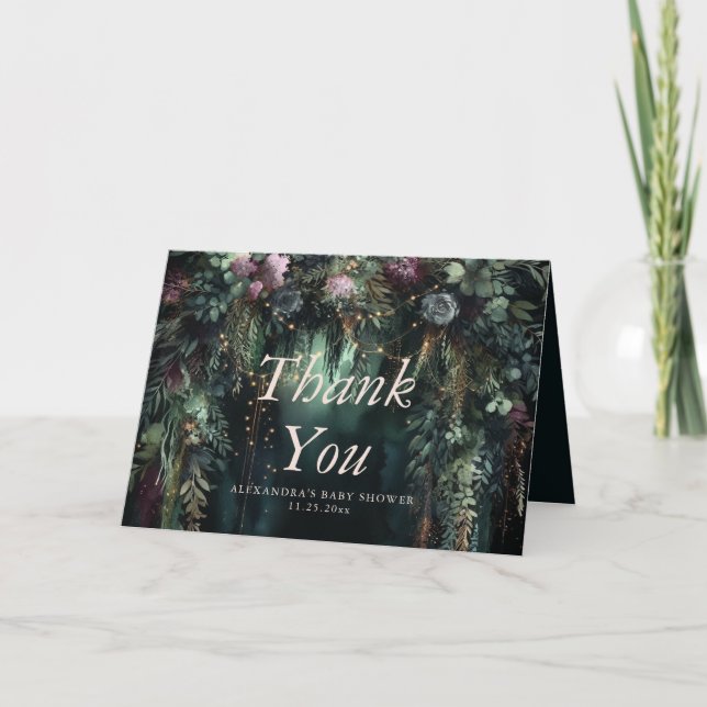 Enchanted Forest Woodland Purple Roses Baby Shower Thank You Card (Front)