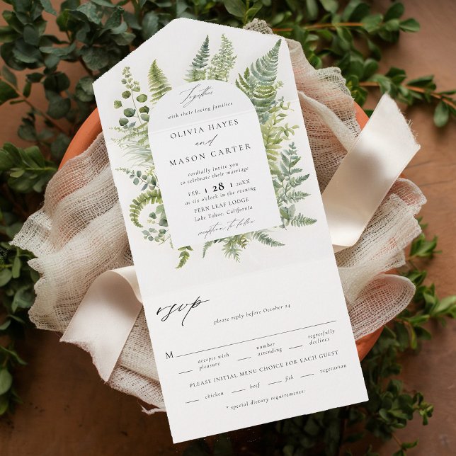 Enchanted Forest Woodland Whimsy Boho Arch Wedding All In One Invitation (enchanted forest wedding invitation botanical boho arch ferns outdoors mountains garden all in one)