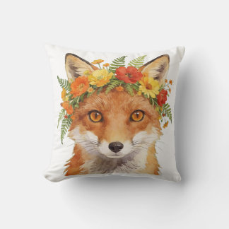 Enchanted Fox with Floral Crown Watercolor Art Throw Pillow