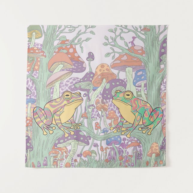Enchanted Frogs in Mushroom Fields  Tapestry (Front)