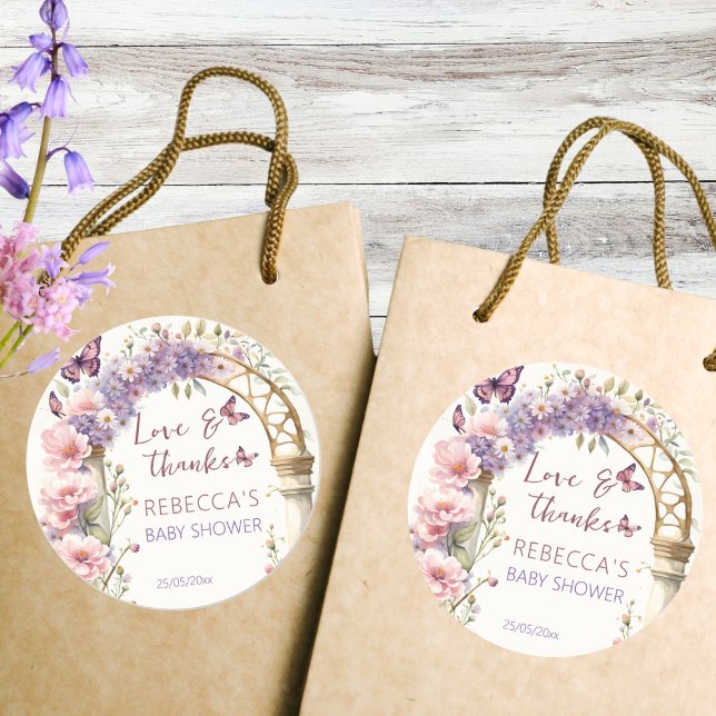 Enchanted garden butterflies baby shower favour classic round sticker (Enchanted garden butterflies baby shower thank you favor sticker baby shower favors pastel lilac)
