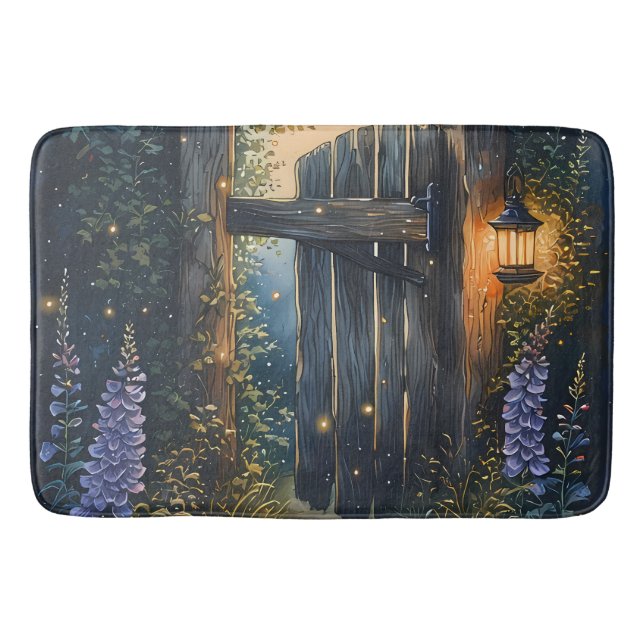 Enchanted Garden Gate Under Firefly Sky Bath Mat (Front)