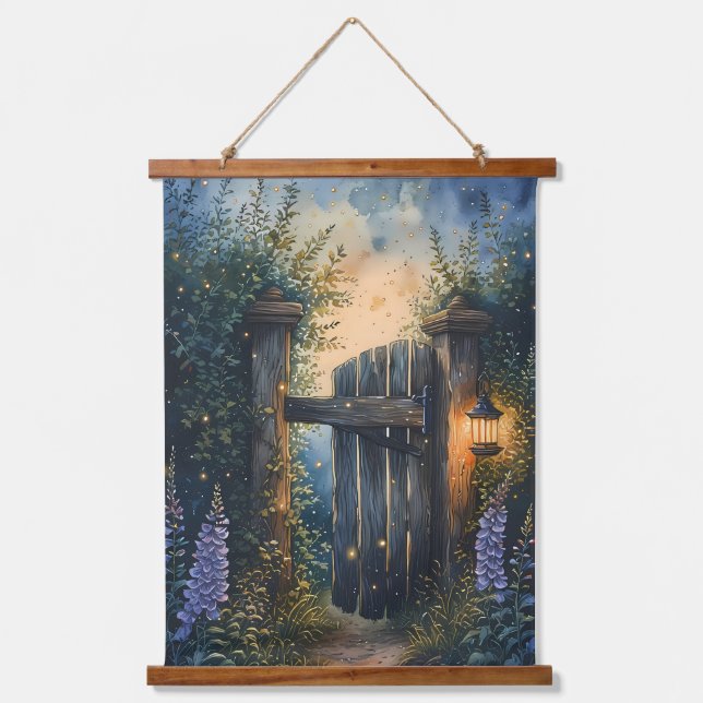 Enchanted Garden Gate Under Firefly Sky Hanging Tapestry (Front)