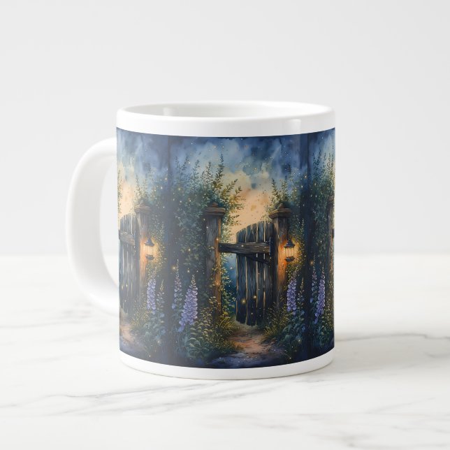Enchanted Garden Gate Under Firefly Sky Large Coffee Mug (Front Left)