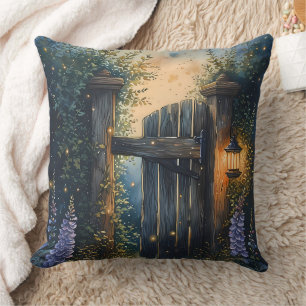 Enchanted Garden Gate Under Firefly Sky Throw Pillow