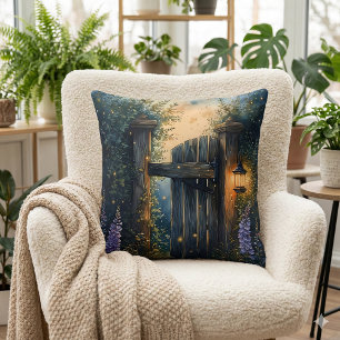 Enchanted Garden Gate Under Firefly Sky Throw Pillow