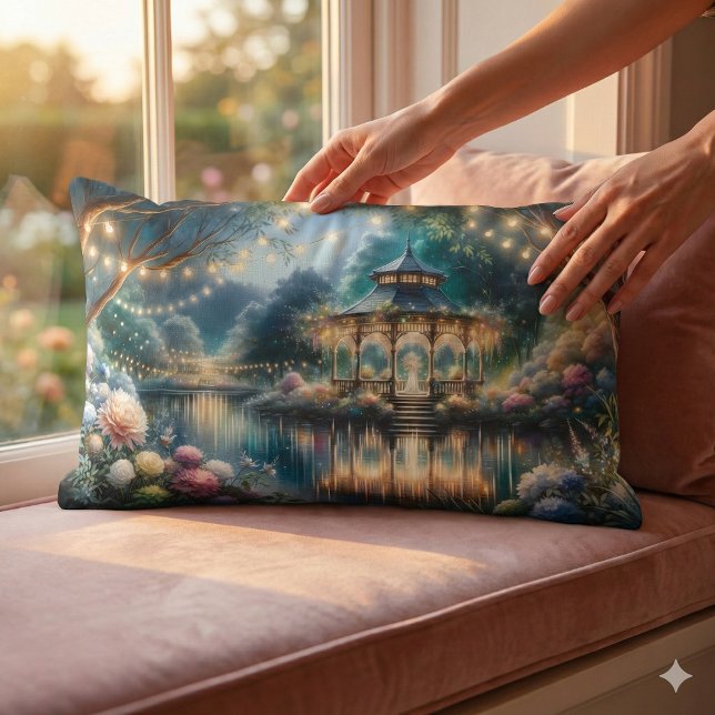 Enchanted Garden Gazebo Twilight Reflection Lumbar Pillow (Enchanted Garden Gazebo Twilight Reflection Lumbar Pillow Mockup A)