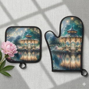 Enchanted Garden Gazebo Twilight Reflection Oven Mitt & Pot Holder Set