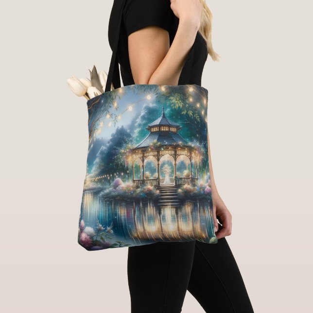 Enchanted Garden Gazebo Twilight Reflection Tote Bag (Close Up)