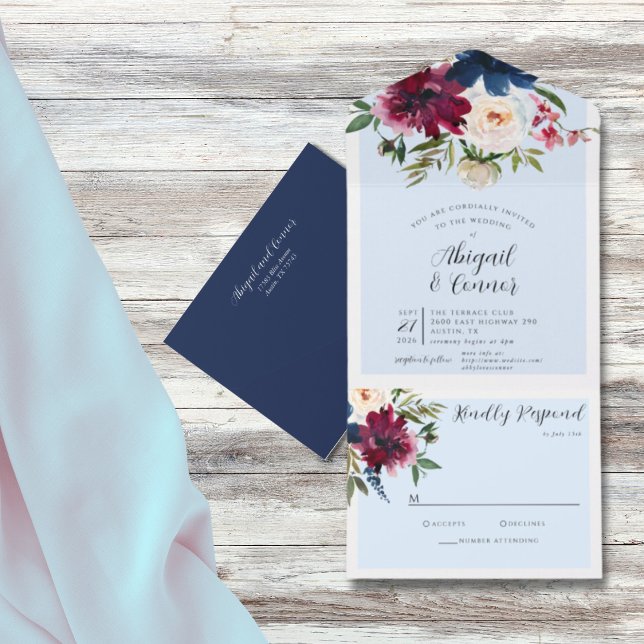 Enchanted Garden Light Blue Burgundy Navy All In One Invitation (Creator Uploaded)