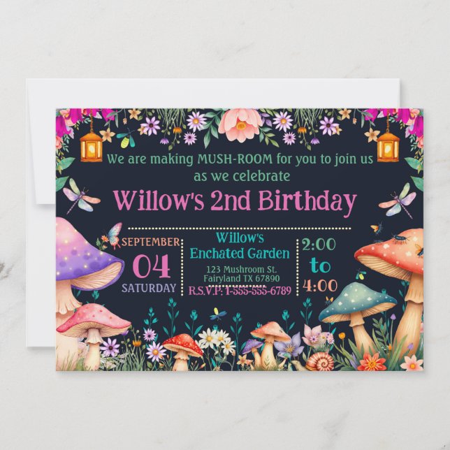 Enchanted Garden Mushroom Birthday Party Invite (Front)