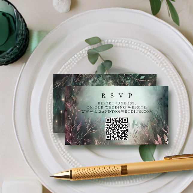 Enchanted Garden QR Code Online RSVP Wedding Enclosure Card (enchanted forest rsvp card QR website modern elegant romantic watercolor gold vines emerald mauve)