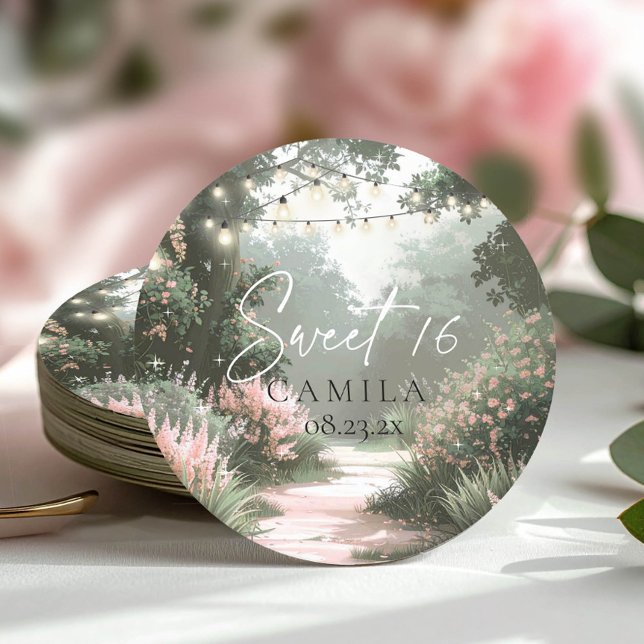 Enchanted Garden Sweet 16 Pink ID1163 Round Paper Coaster (Creator Uploaded)