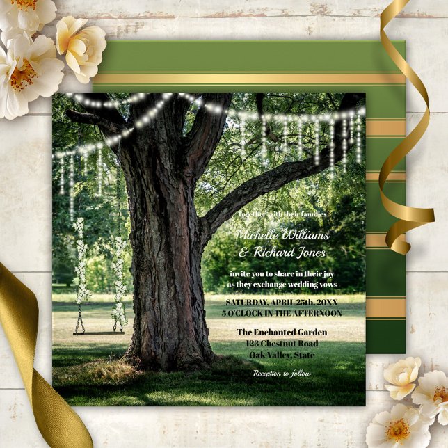 Enchanted Garden Swing Tree String Lights Wedding Invitation (Magical wedding invitation with an enchanted garden or park theme with a swing with flowers)