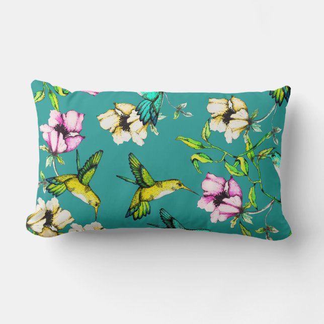 Enchanted Garden Watercolor Hummingbirds & Flowers Lumbar Pillow (Front)