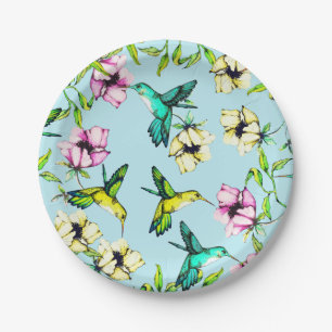 Enchanted Garden Watercolor Hummingbirds & Flowers Paper Plate