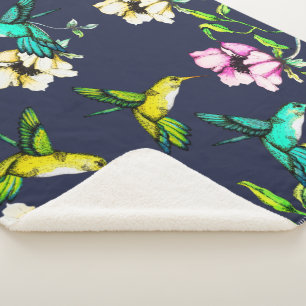 Enchanted Garden Watercolor Hummingbirds & Flowers Sherpa Blanket