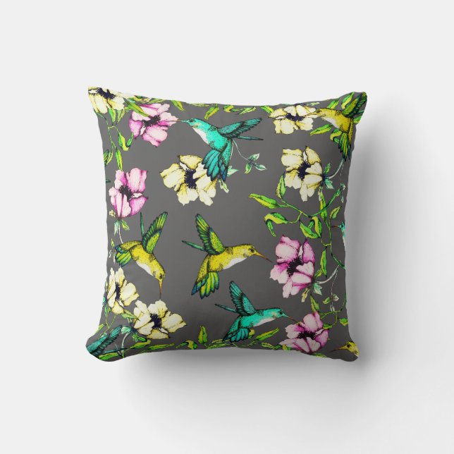 Enchanted Garden Watercolor Hummingbirds & Flowers Throw Pillow (Front)