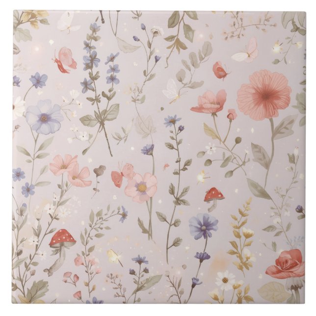 Enchanted Garden Wildflower Butterfly Botanical Tile (Front)