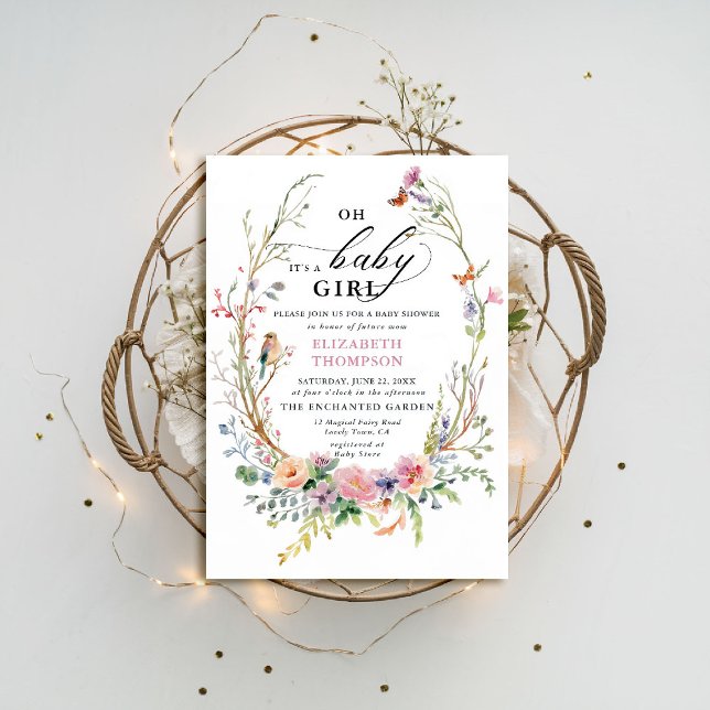 Enchanted Garden Wildflowers Whimsical Baby Shower Invitation (enchanted garden baby shower invitation woodland forest bird butterfly spring summer whimsical chic)