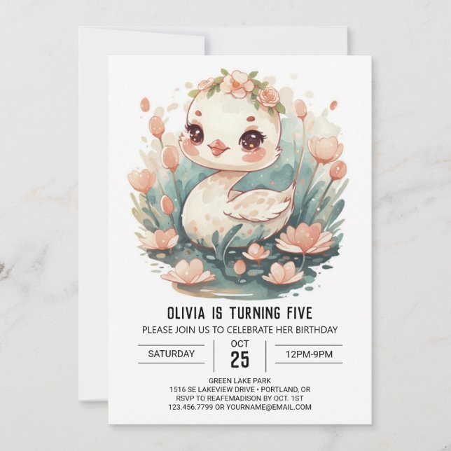 Enchanted Girly Swan Bird Birthday Invitation (Front)