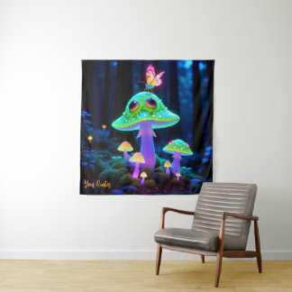 Enchanted Glowing Mushroom & Butterfly Fantasy Tapestry