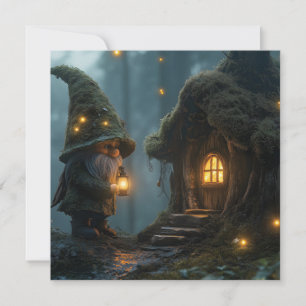 Enchanted Gnome Cottage in the Moonlight: Fantasy Holiday Card
