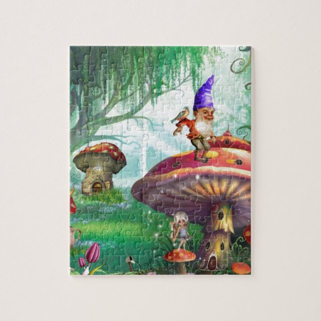 Enchanted Gnome Mushrooms Flower Gardens Jigsaw Puzzle (Vertical)