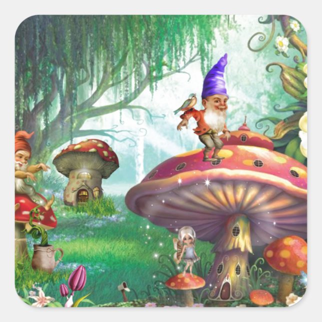 Enchanted Gnome Mushrooms Flower Gardens Square Sticker (Front)