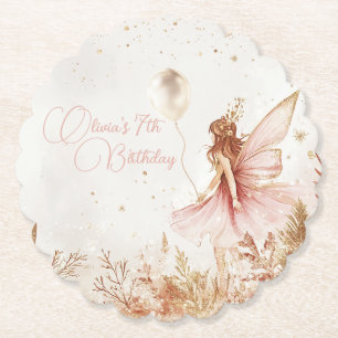 Enchanted Gold and Pink Fairy Birthday Paper Coaster