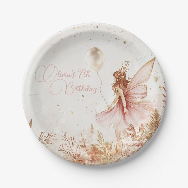 Enchanted Gold and Pink Fairy Birthday Paper Plate (Front)
