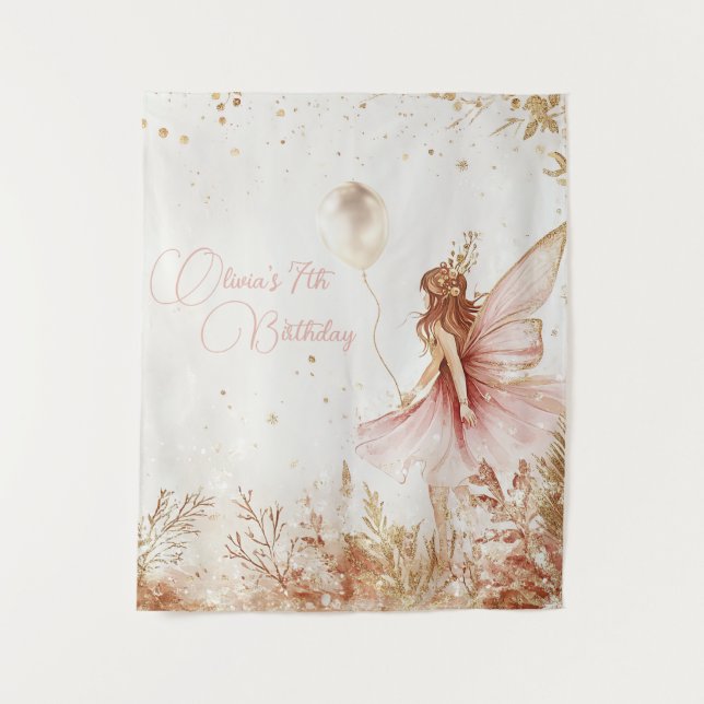 Enchanted Gold and Pink Fairy Birthday  Tapestry (Front)