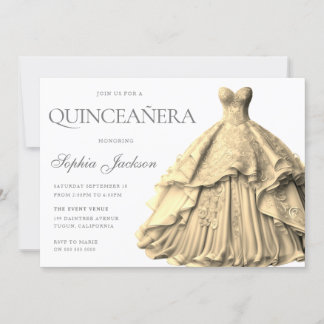 Enchanted Gold Dress Gown Quinceanera  Invitation