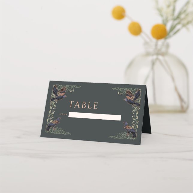 Enchanted Gothic Raven Floral Wedding Place Card (Front)