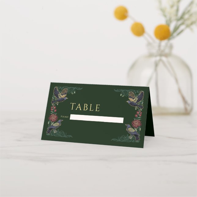 Enchanted Gothic Raven Floral Wedding Place Card (Front)