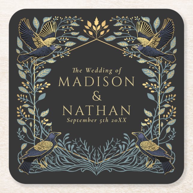 Enchanted Gothic Raven Floral Wedding  Square Paper Coaster (Front)