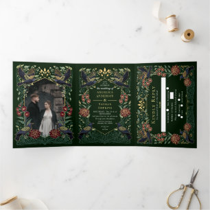 Enchanted Gothic Raven Snapdragon Dahlia Wedding Tri-Fold Invitation