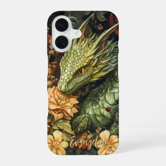 Enchanted Green Dragon with Elegant Floral Array iPhone 16 Case