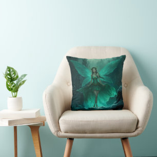 Enchanted Green Fairy Winter Forest Throw Pillow