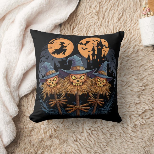 Enchanted Halloween scarecrows under a full moon Throw Pillow (Blanket)