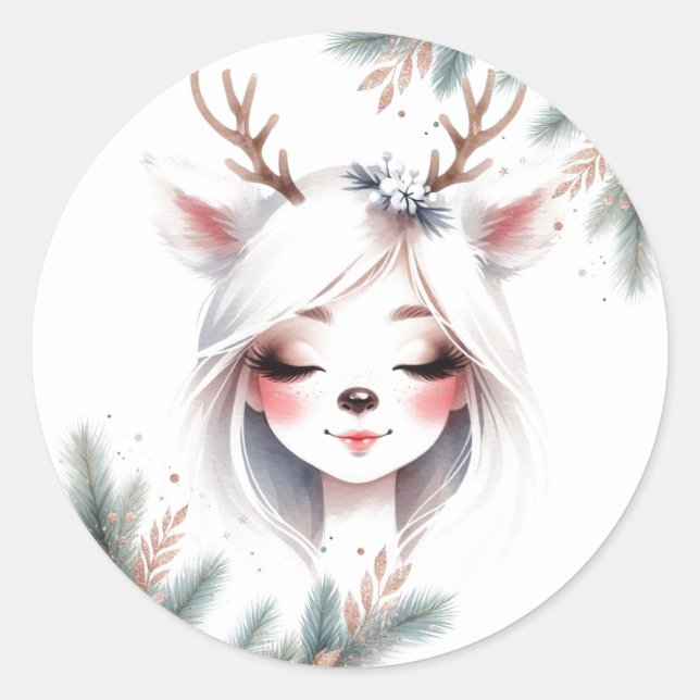Enchanted Holiday Beauty Reindeer Themed  Classic Round Sticker (Front)