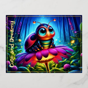  Enchanted Ladybug soft glowing fantasy flower Foil Holiday Postcard