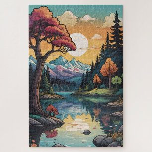 Enchanted Lakeside Serenity Sunset Landscape  Jigsaw Puzzle