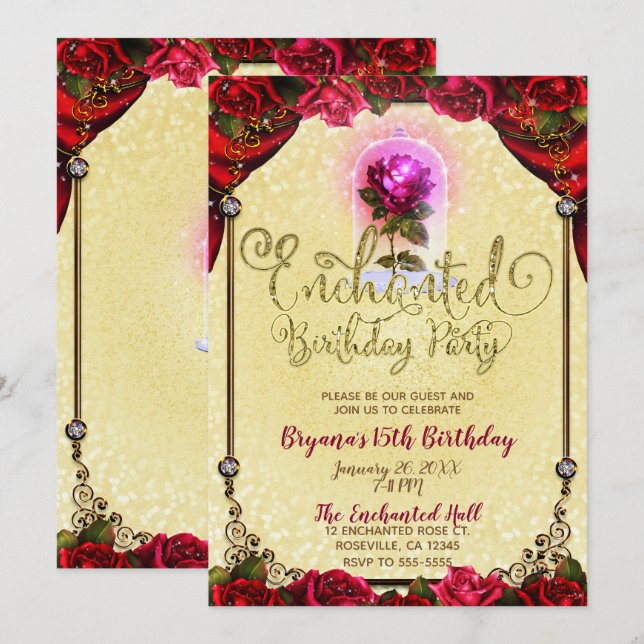 Enchanted Magical Rose Beauty Birthday Party Invitation (Front/Back)
