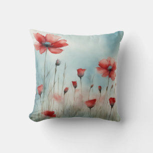 Enchanted Meadow Red Wildflower Watercolor Floral Throw Pillow