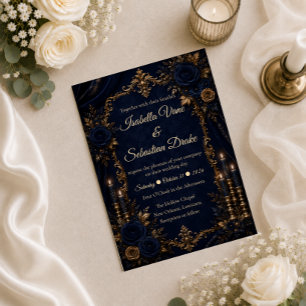 Enchanted Midnight Blue Autumn Wedding Invitation