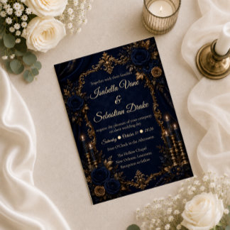 Enchanted Midnight Blue Autumn Wedding Invitation