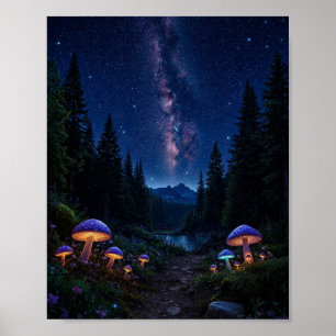 Enchanted Midnight Forest: Glowing Mushrooms  Poster