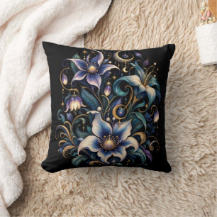 Enchanted Midnight Garden: Luminous Blue and Gold Throw Pillow