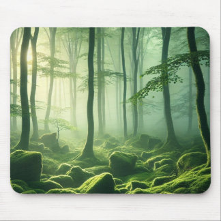 Enchanted Misty Forest Serene Green Woodland Scene Mouse Pad